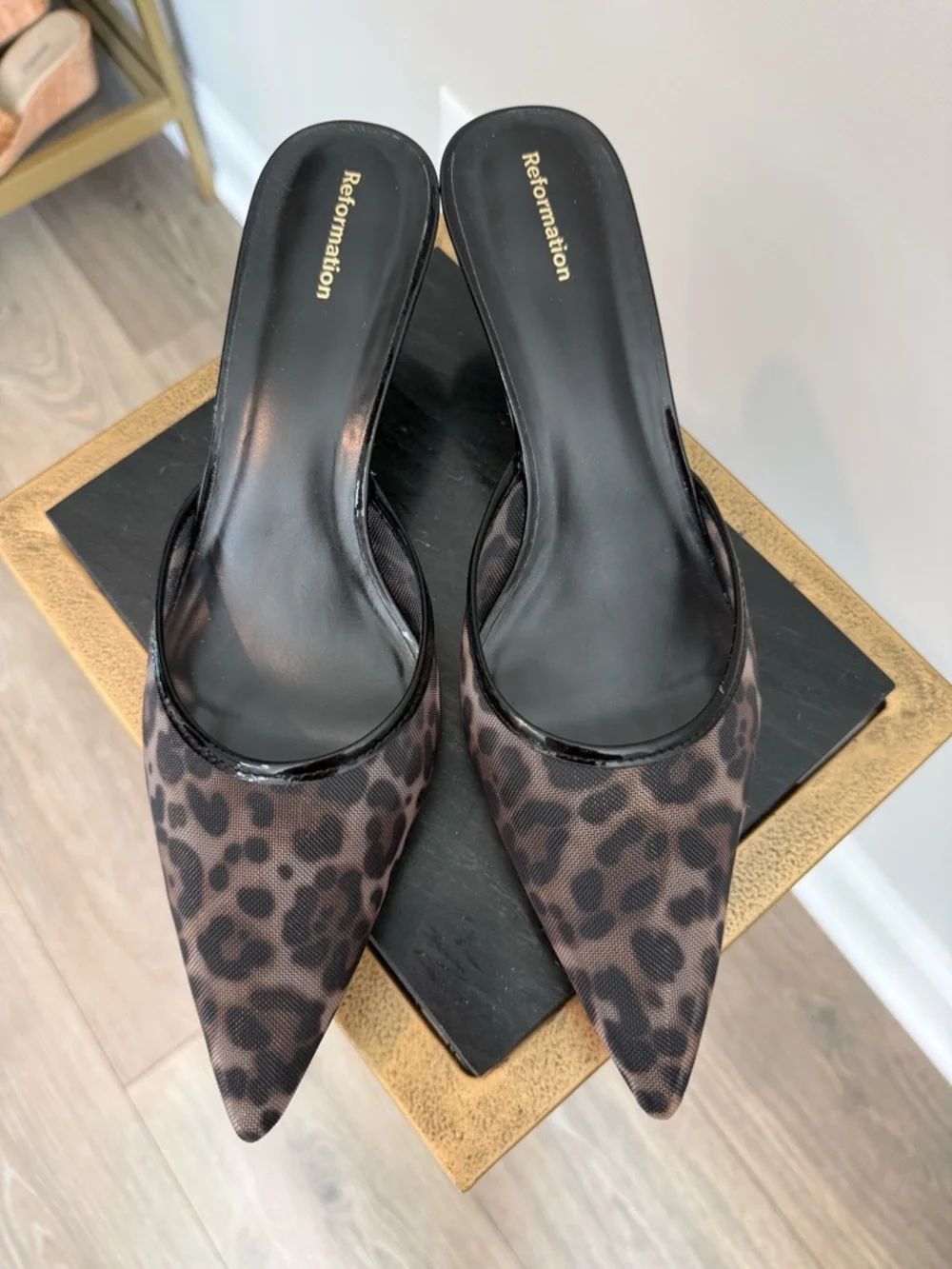 Reformation Wilda Kitten Heel Mules in a leopard print mesh fabric NWT - Picture 13 of 14